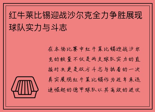 红牛莱比锡迎战沙尔克全力争胜展现球队实力与斗志